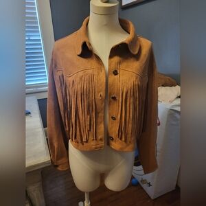 Camel colored fringe jacket, lightweight.